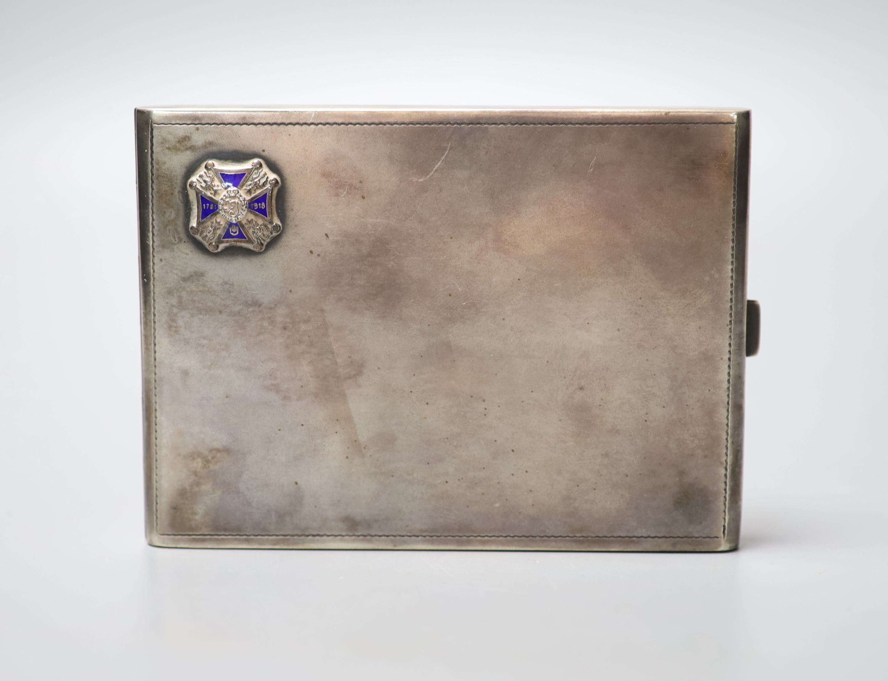 A Polish 800 standard white metal cigarette case, with engraved initials and enamelled applique, 13cm, gross 268 grams.